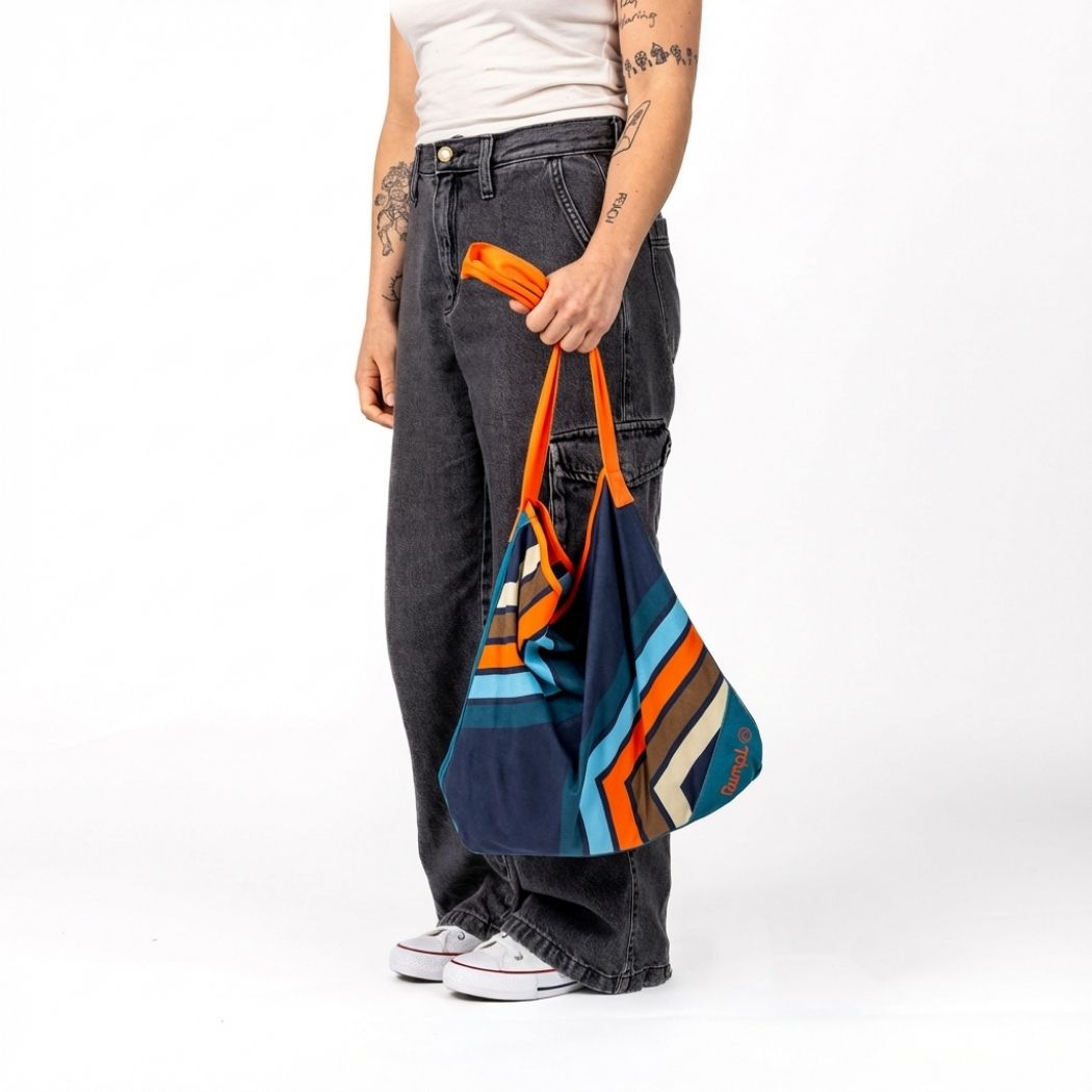 Tech Towel Tote: Midnight Retro Stripes | Rumpl. Set. Go display picture 1