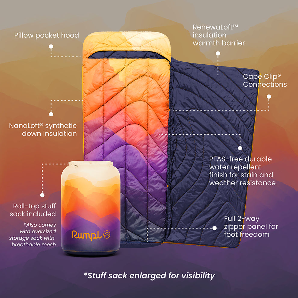 Rumpl Wrap Sack 20° Sleeping Bag - Watercolor Glow The Wrap Sack 20° Sleeping Bag - Baja Fade | Rumpl Wrap Sack